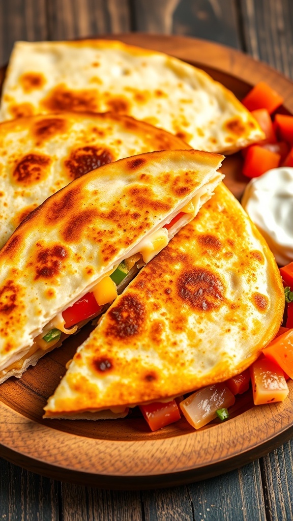 Golden-brown chicken quesadilla wedges with melted cheese and bell peppers, served with sour cream and salsa.